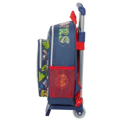 Mochila de rodinhas azul escura com detalhes vermelhos e padrão colorido