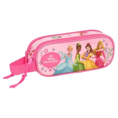 Estojo escolar rosa com princesas Disney e fechos de correr