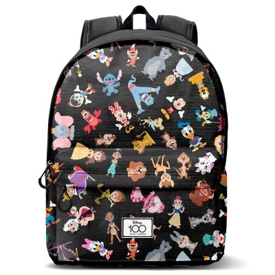 Mochila preta com vários personagens Disney coloridos estampados