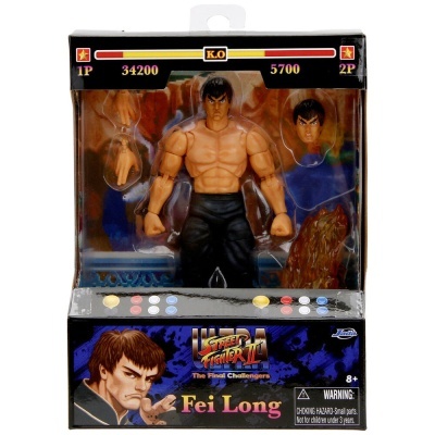 Figura ação Fei Long Street Fighter II com acessórios em embalagem