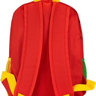 Mochila vermelha com alças e bolsos laterais coloridos