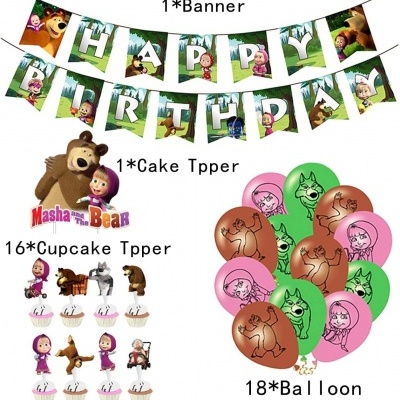 Kit de festa Masha and the Bear com banner, toppers para bolo e cupcake, e balões coloridos.