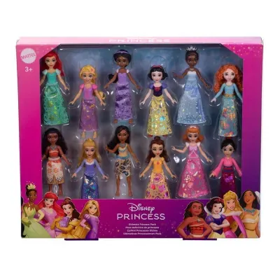 Pack de bonecas Disney Princess em embalagem rosa com 12 bonecas