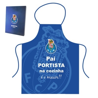 Avental azul do FC Porto com texto e embalagem azul