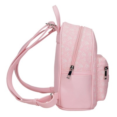 Mochila rosa com padrão Mickey Mouse vista de lado