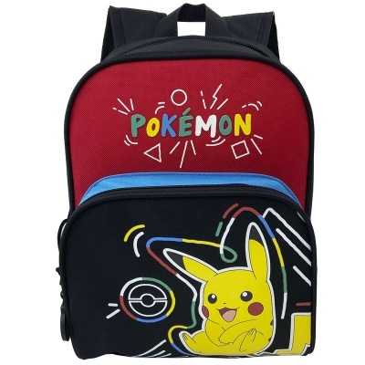 Mochila vermelha e preta com personagem Pikachu e texto POKÉMON