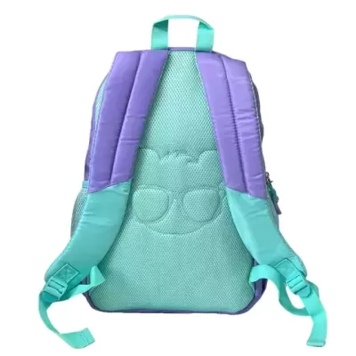 Mochila infantil lilás e verde água com alças acolchoadas e padrão em relevo.