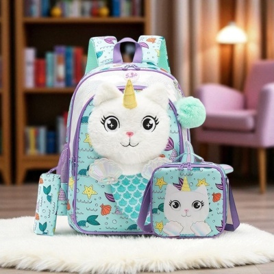Mochila infantil com estampa de unicórnios, bolsa e estojo combinando