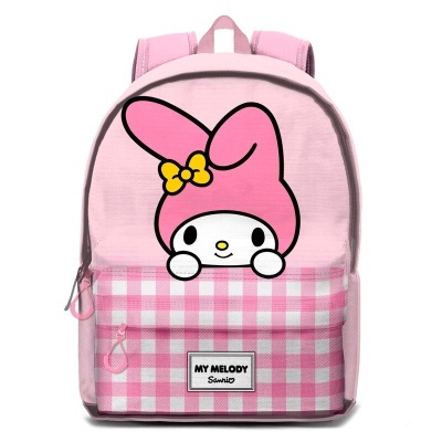 Mochila rosa My Melody com padrão aos quadrados e personagem frontal