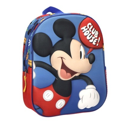 Mochila infantil azul com estampa do Mickey Mouse e texto CLUB MOUSE!