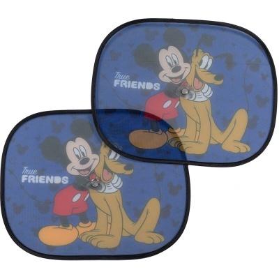 Proteções solares de carro azuis com Mickey Mouse e Pluto e texto True FRIENDS.