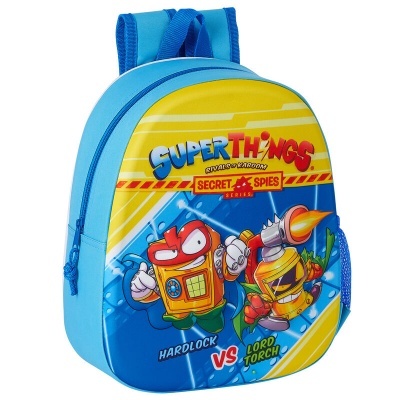 Mochila infantil azul e amarela com personagens animados e texto SuperThings