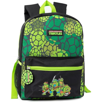 Mochila verde e preta com padrão e personagens Teenage Mutant Ninja Turtles