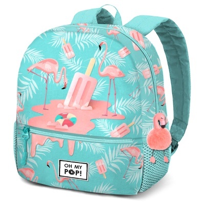 Mochila azul com padrão de flamingos e gelados cor-de-rosa e chaveiro de pelúcia flamingo