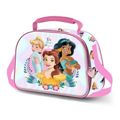 Mala infantil rosa com princesas Disney e texto motivacional