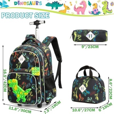 Combo mochila com rodas, estojo e mala de mão com padrão de dinossauros coloridos