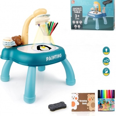 Mesa de pintura azul para crianças com marcador coloridos e acessórios