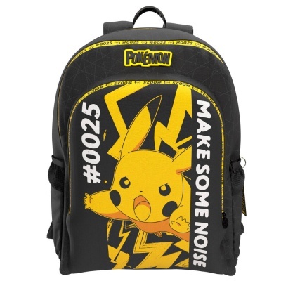 Mochila preta com estampa de Pikachu amarelo e texto Pokémon