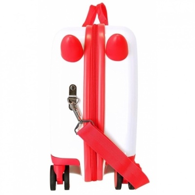 Mala de viagem branca com detalhes vermelhos e alça ajustável