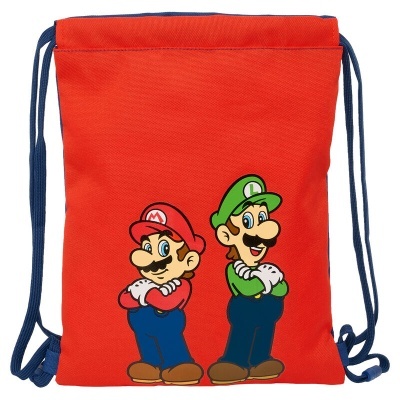 Mochila de cordão vermelha com imagem de Mario e Luigi