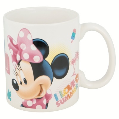 Caneca branca com desenho de Minnie Mouse e texto I LOVE SUMMER