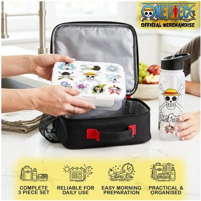 Conjunto One Piece com mochila térmica, lancheira com personagens e garrafa