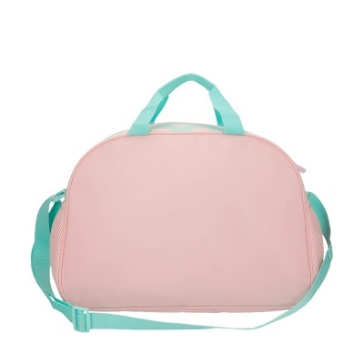 Mala de viagem rosa com alças e correia azul-turquesa