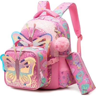 Mochila infantil rosa com design de borboletas e estojo acoplado