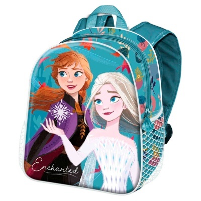 Mochila infantil azul com personagens Anna e Elsa e padrão de folhas