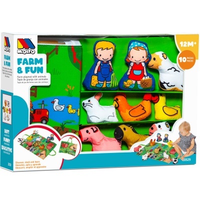 Conjunto de brinquedos de tecido Molto Farm & Fun com peças de animais e pessoas, em embalagem colorida