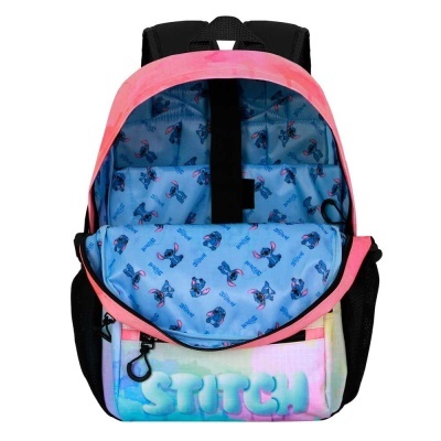 mochila colorida com interior estampado do personagem Stitch e palavra STITCH na parte frontal