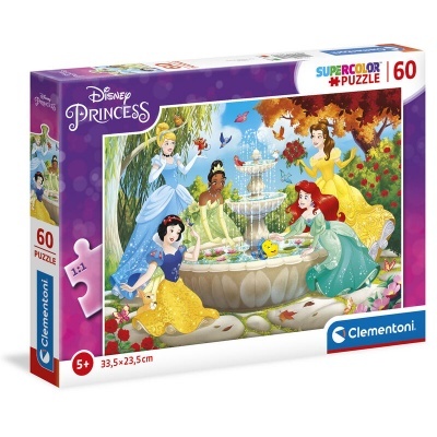 Caixa de puzzle Disney Princess 60 peças com imagem das princesas ao redor de fonte