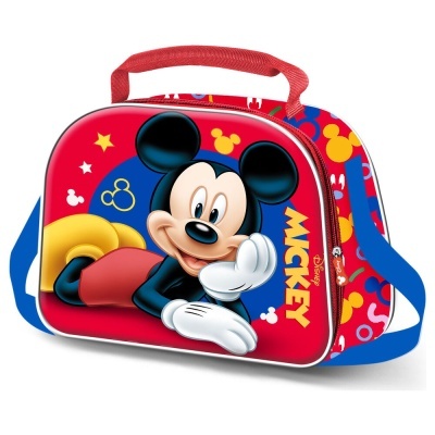 Mala infantil com imagem do Mickey Mouse e cores vibrantes vermelho, amarelo e azul