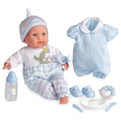 Boneca bébé com roupa e acessórios azuis e brancos para brincar