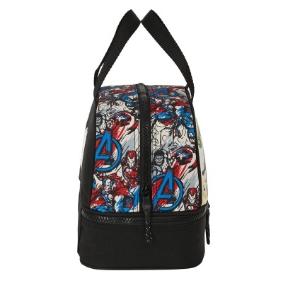 Bolsa com padrão dos super-heróis The Avengers, alças e fecho pretos.