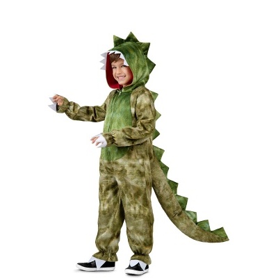 Fato infantil de dinossauro verde em fundo branco