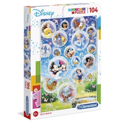 Caixa de quebra-cabeças Disney com 104 peças coloridas, personagens da Disney em bolhas, marca Clementoni