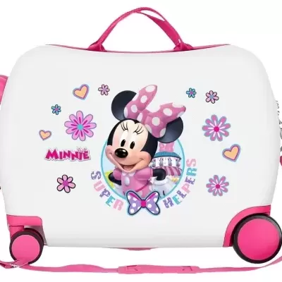 Mala de viagem infantil branca e rosa com personagem Minnie Mouse e texto