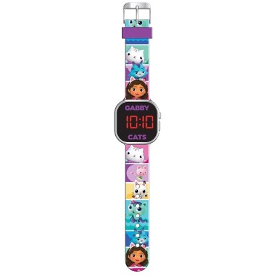 Relógio digital com visor preto e bracelete colorido com personagens de gatos e menina