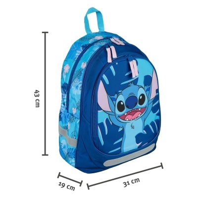 Mochila azul com personagem Stitch desenhado na frente