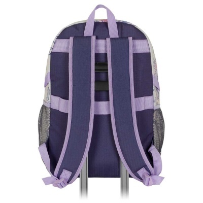 Mochila roxa escura com detalhes lilás vista de trás