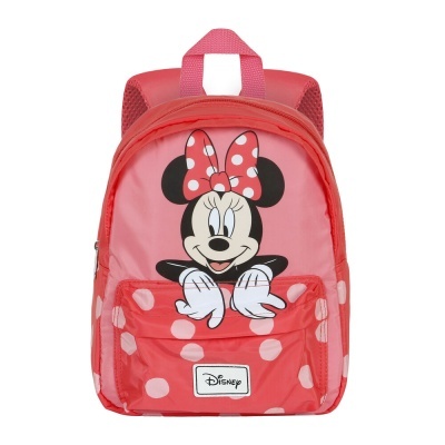 Mochila infantil rosa com Minnie Mouse e bolinhas brancas