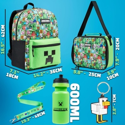 Conjunto Minecraft com mochila, lancheira, garrafa, porta-chaves e cordão coloridos