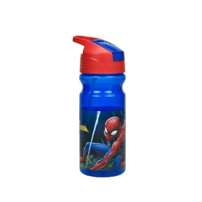 Garrafa de plástico azul com tampa vermelha e azul e imagem do Homem-Aranha