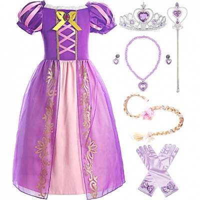 Conjunto de vestido de princesa roxo e rosa com acessórios como tiara, cetro, colar, brincos e luvas.