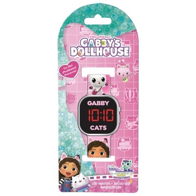Relógio LED infantil Gabby's Dollhouse com bracelete rosa e personagens desenhados