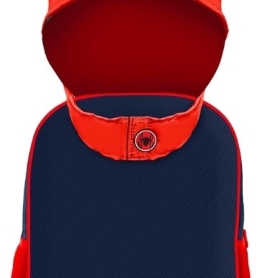Mochila infantil Homem-Aranha, vermelha e azul com olhos e teia no topo