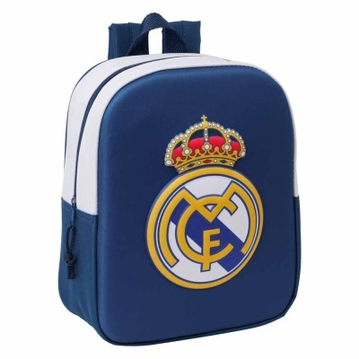 Mochila azul escura e branca com logo do Real Madrid