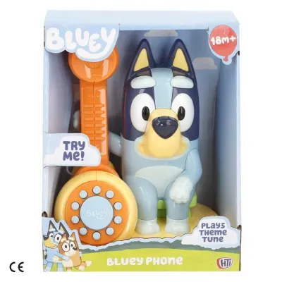 Telefone de brinquedo Bluey Phone com figura de cão azul e peças amarelas e laranjas