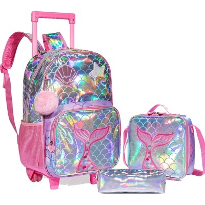Conjunto mochila com rodas, lancheira e estojo holográfico com cauda de sereia rosa